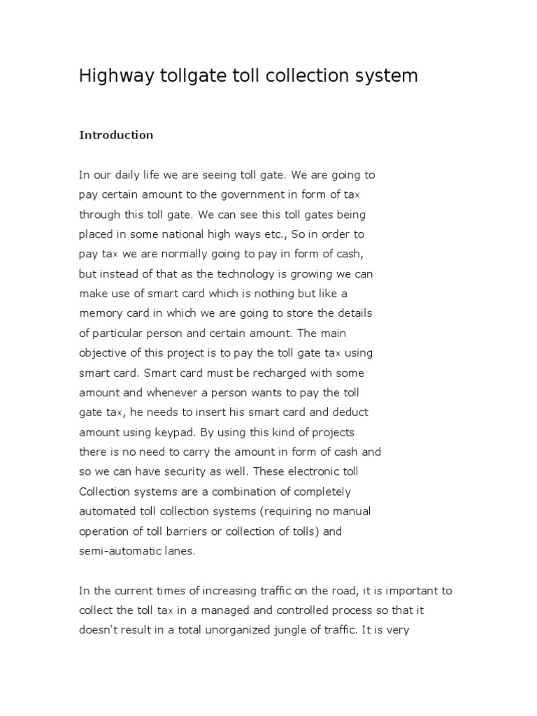 Synopsis Highway Tollgate Toll Collection System | PDF | Toll Road ...