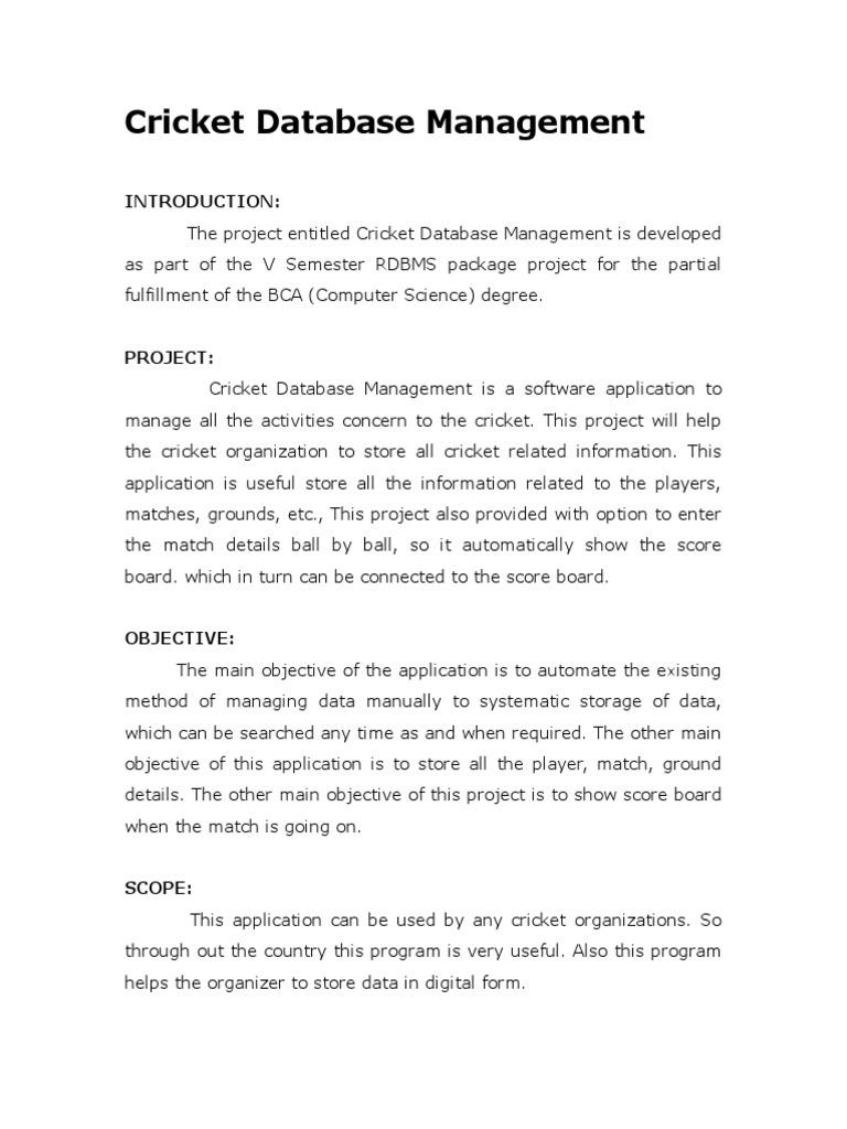 Synopsis Cricket Database Management 2 PDF Microsoft Sql Server