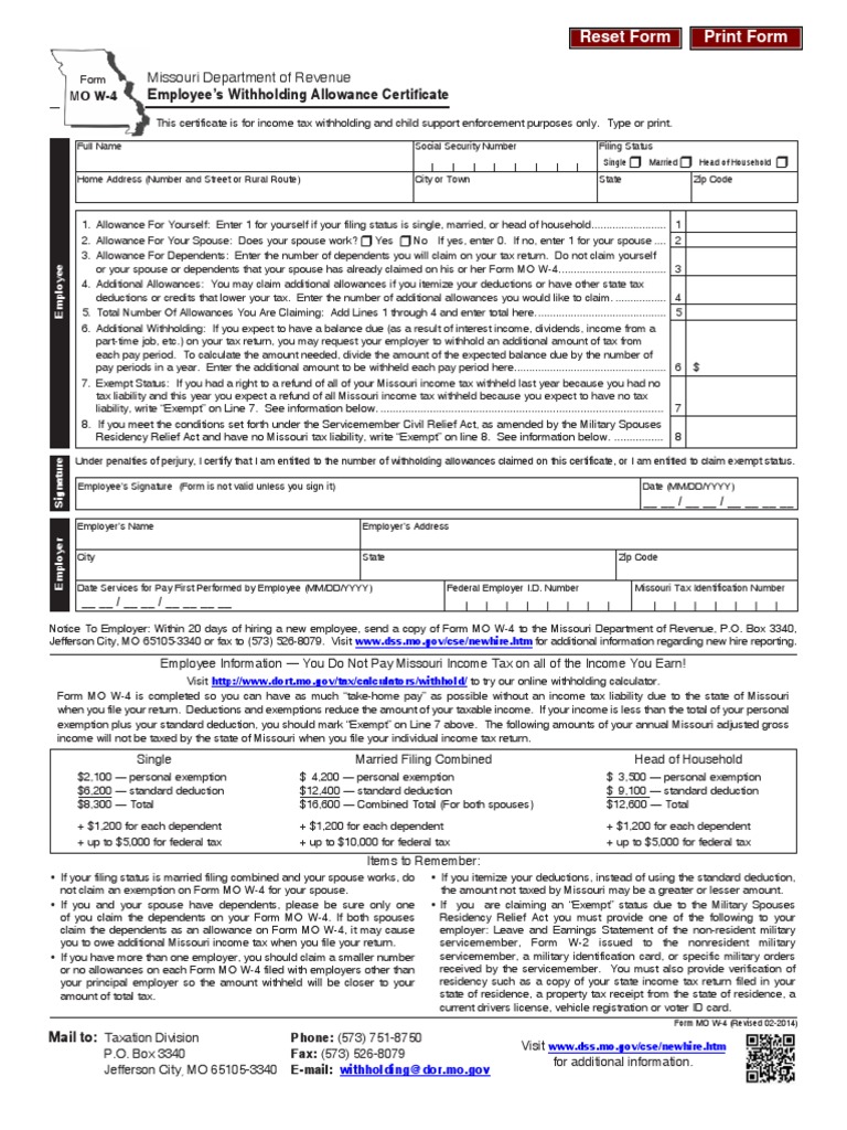 Missouri Form Mo W 4 PDF Withholding Tax Tax Deduction