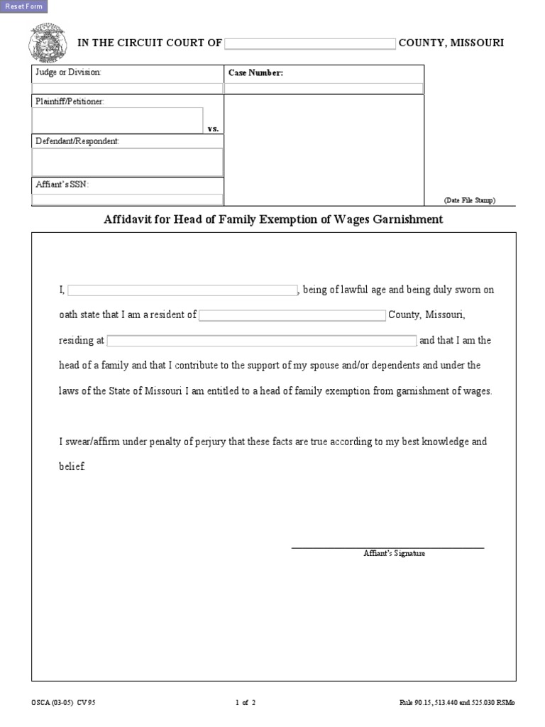 Missouri Affidavit For Head of Family Exemption of Wages Garnishment ...