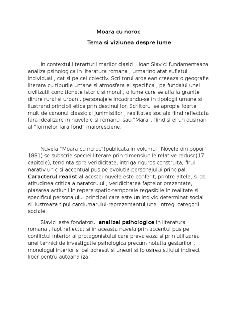 Moara Cu Noroc-tema Si Viziunea Despre Lume