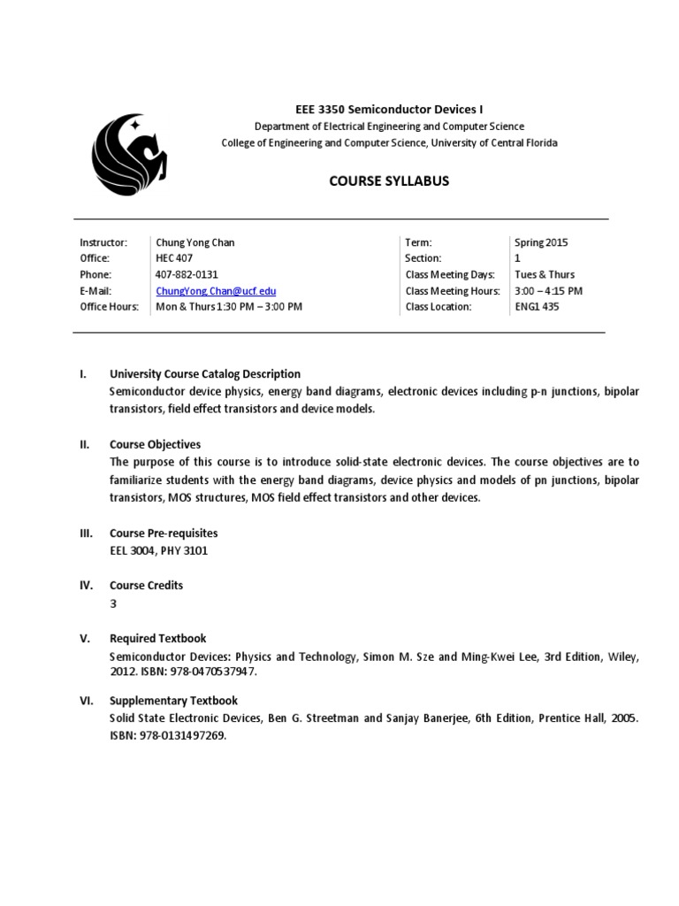 EEE 3350 Semiconductor Devices I Spring 2015 Syllabus | PDF | Mosfet ...