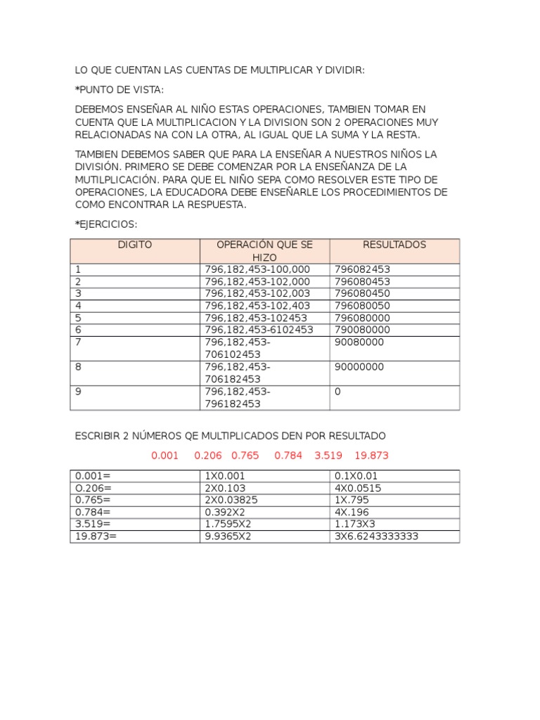 Lo Que Cuentan Las Cuentas de Multiplicar y Dividir Ejercicios