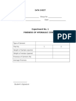 Experiment No. 1 Fineness of Hydraulic Cement: Data Sheet