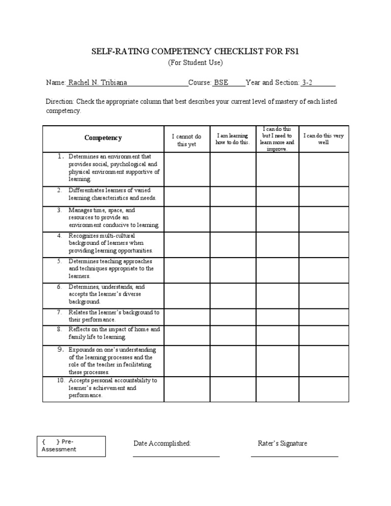 Self Rating Competency Check List