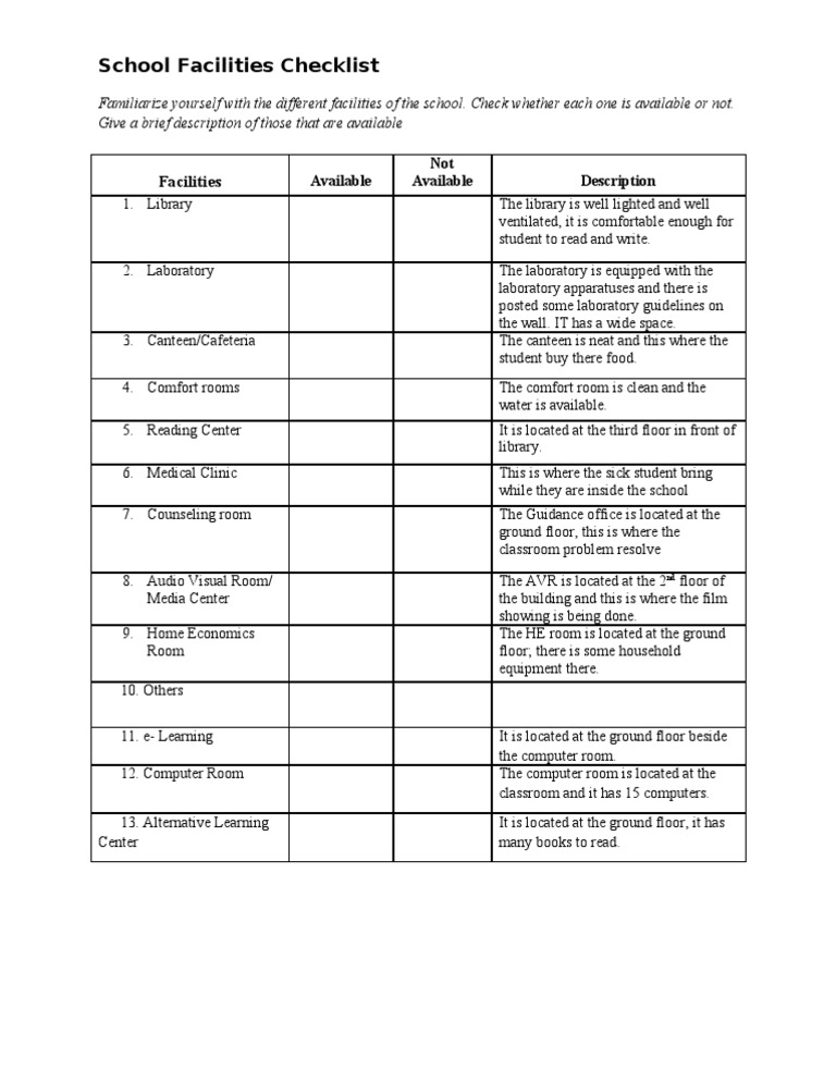 School Facilities Checklist