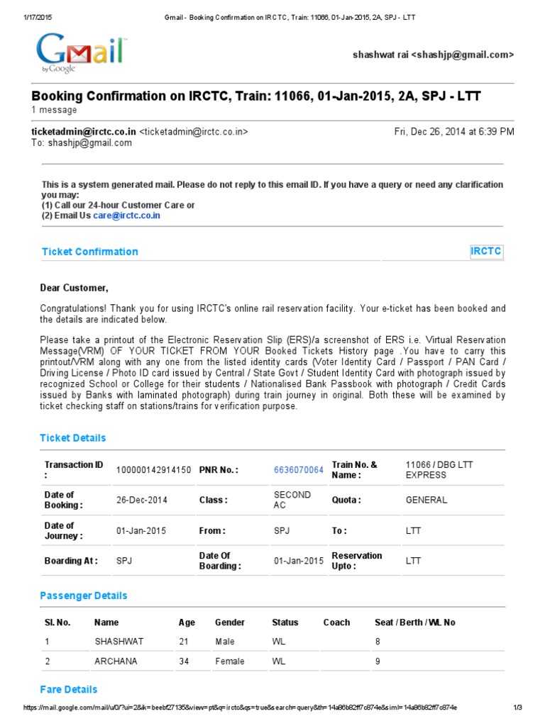 Gmail Booking Confirmation on IRCTC, Train_ 11066, 01Jan2015, 2A