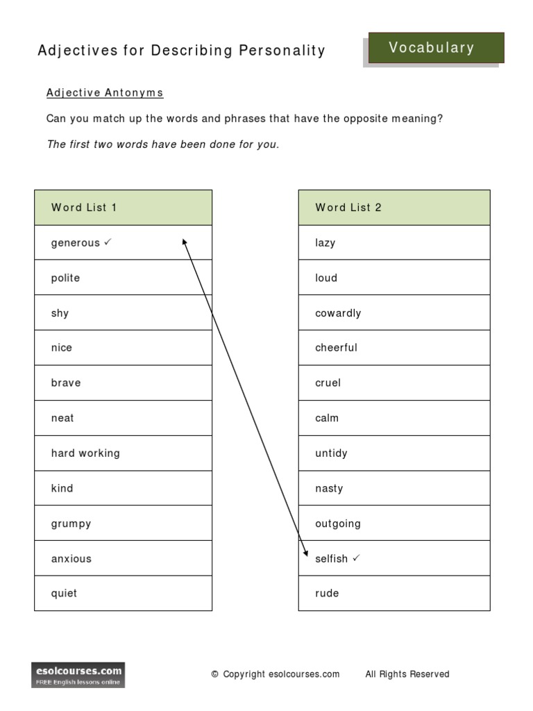 Adjective Personality Worksheet