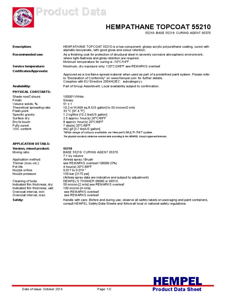 Hempel Hempathane Topcoat 55210 Data Sheet | PDF | Paint | Chemistry