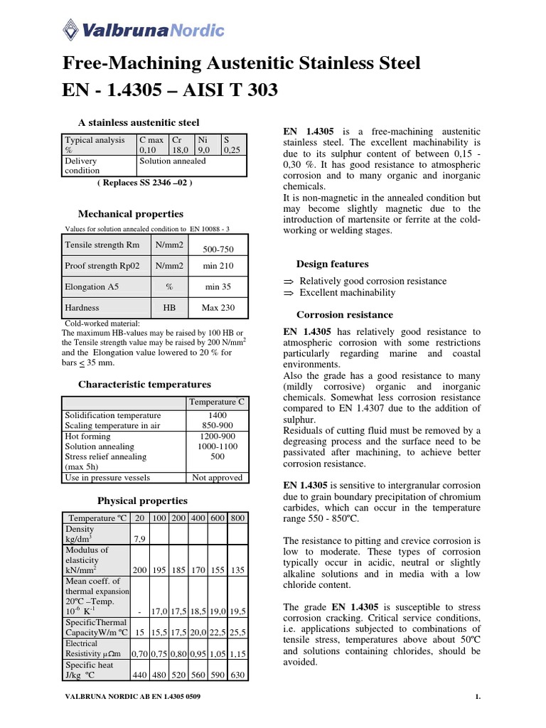 EN 1.4305 Free-Machining Steel Overview | PDF | Annealing (Metallurgy ...