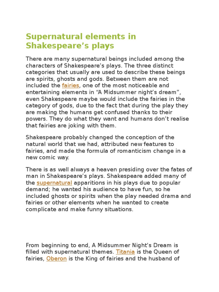 Supernatural Elements In Shakespeare William Shakespeare Fairies