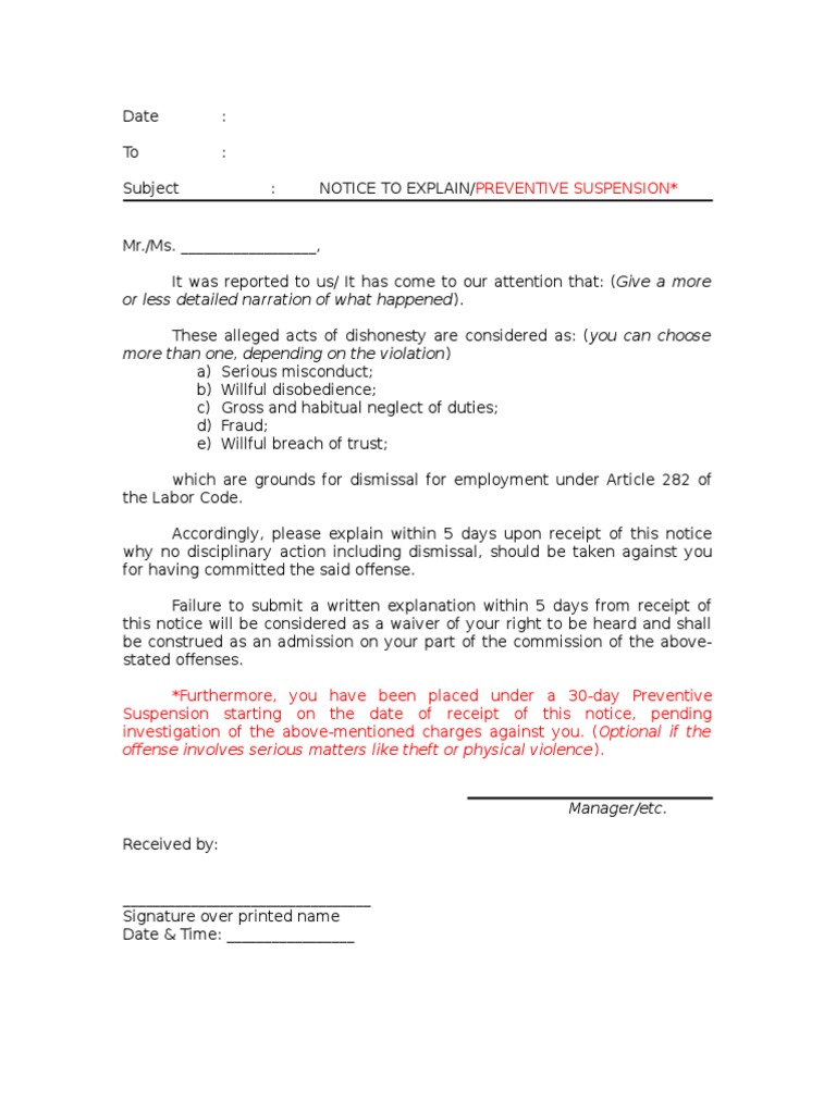 Notice to Explain Template for Administrative Cases