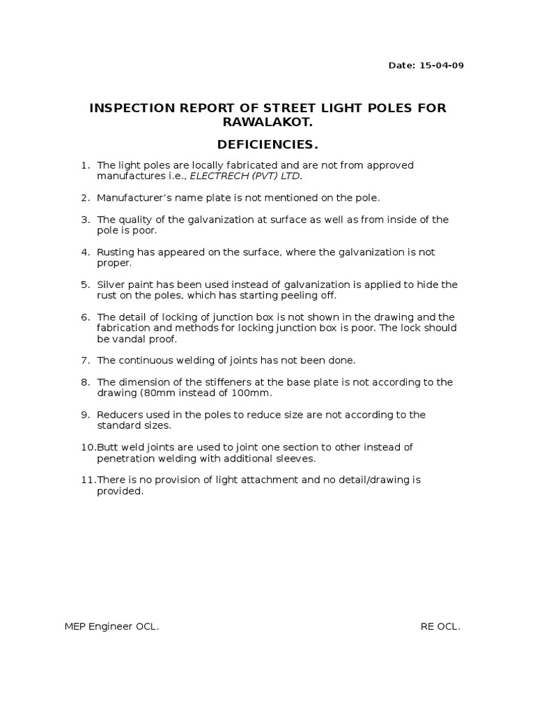 Inspection Reports for Street Light Poles for Rwalakot.