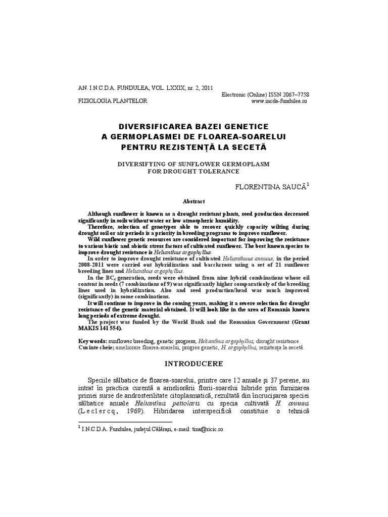 Genetic Diversity in Sunflower for Drought Resistance | PDF | Wellness