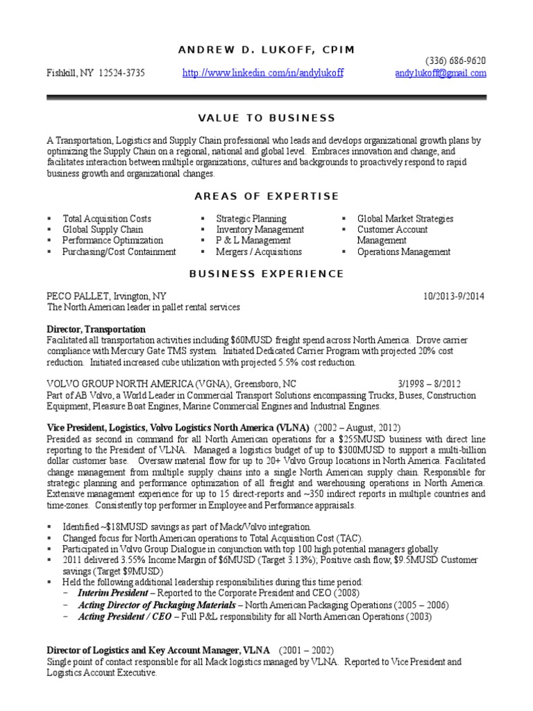 VP Supply Chain Optimization in USA Resume Andrew Lukoff Logistics Supply Chain Management