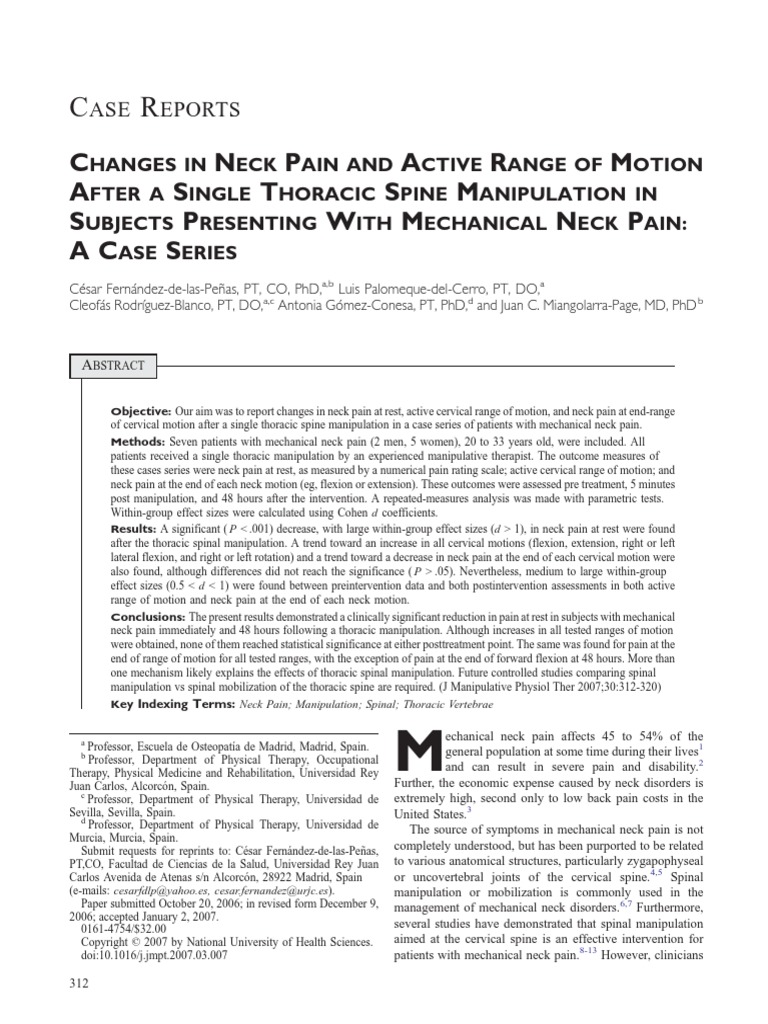 Changes in Neck Pain and Active Range of Motion After A Single Thoracic ...