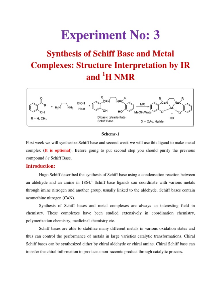 Synthesis of Schiff Bases and Complexes | PDF | Coordination Complex ...