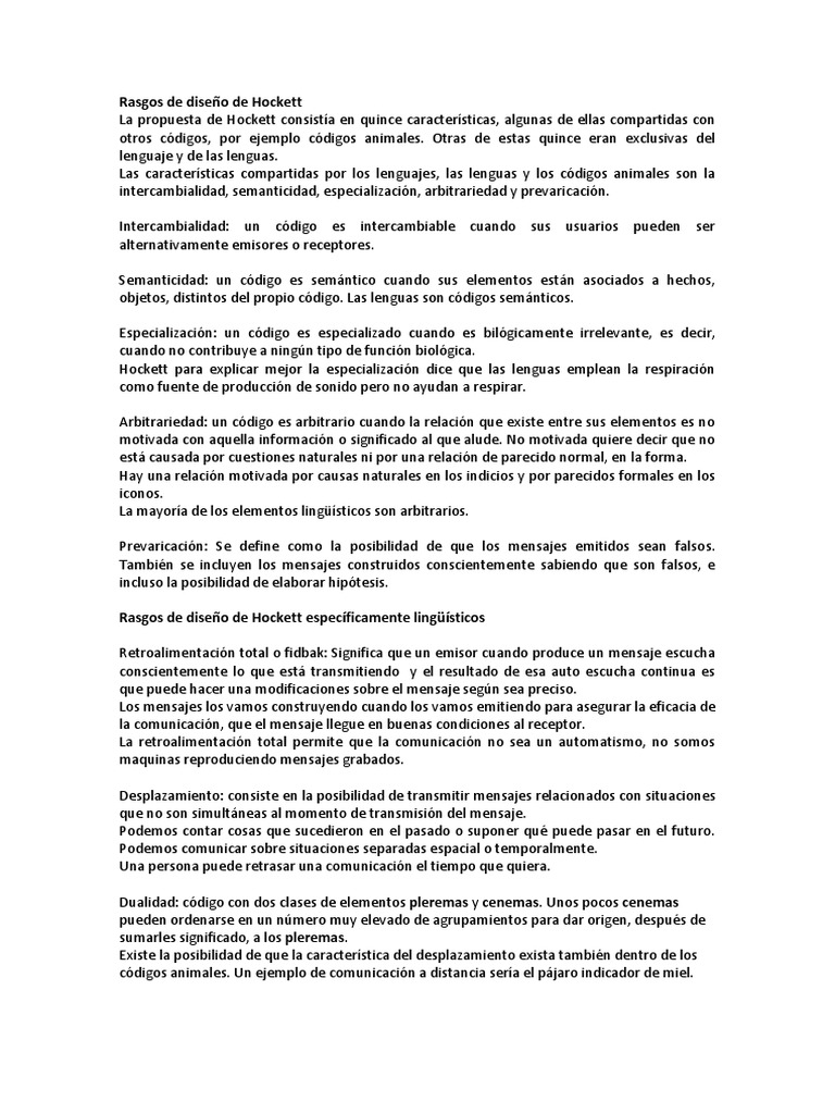 Rasgos de Diseño de Hockett | PDF | Comunicación | Información