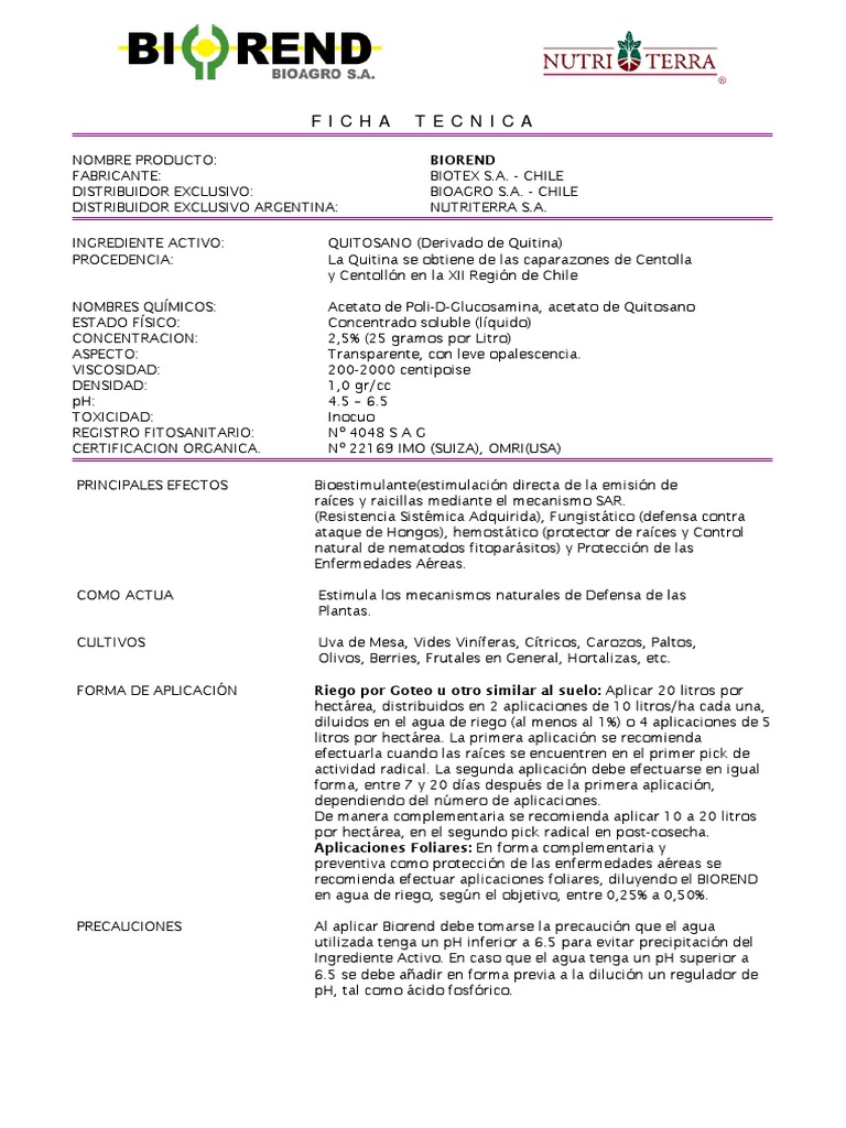 Ficha Técnica de Biorend y Quitosano | PDF | Agua | Ph