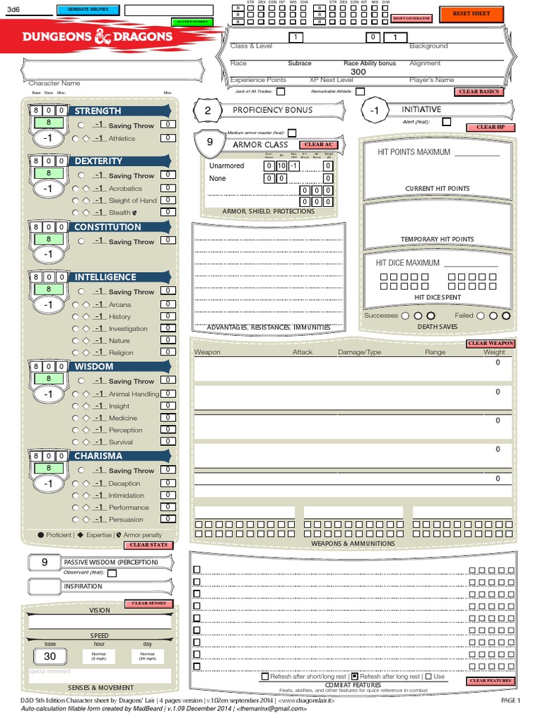 MadBeard Fillable Character Sheet v1.09 With Generator | Dungeons ...
