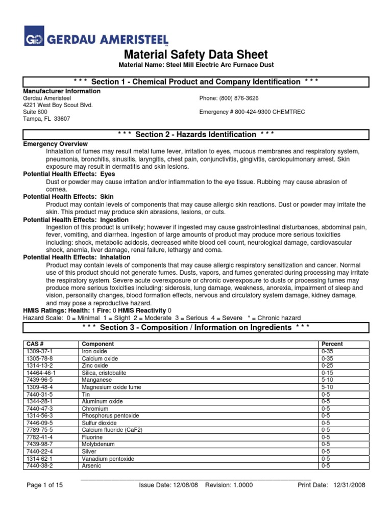 Steel Mill Electric Arc Furnace Dust MSDS (NA) 12808 Oxide Arsenic