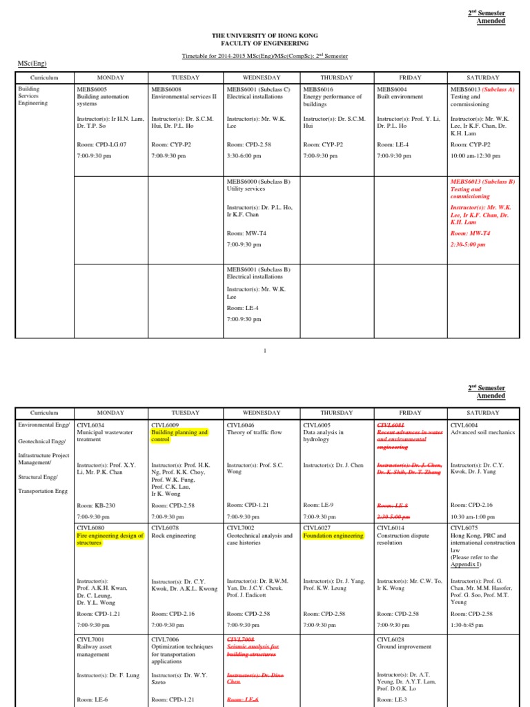 2014-2015 MSc Engineering Timetable | PDF | Academic Term | Science And ...