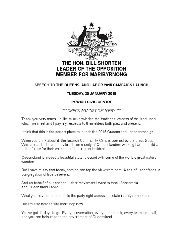 Shorten Speech PDF Australian Labor Party Australia