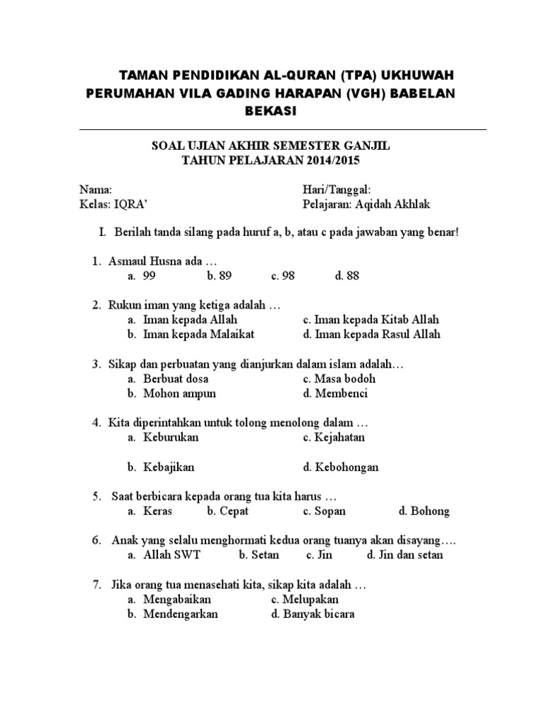 Soal Aqidah Akhlak Untuk Anak Tpa Mathlaul Khairiyah