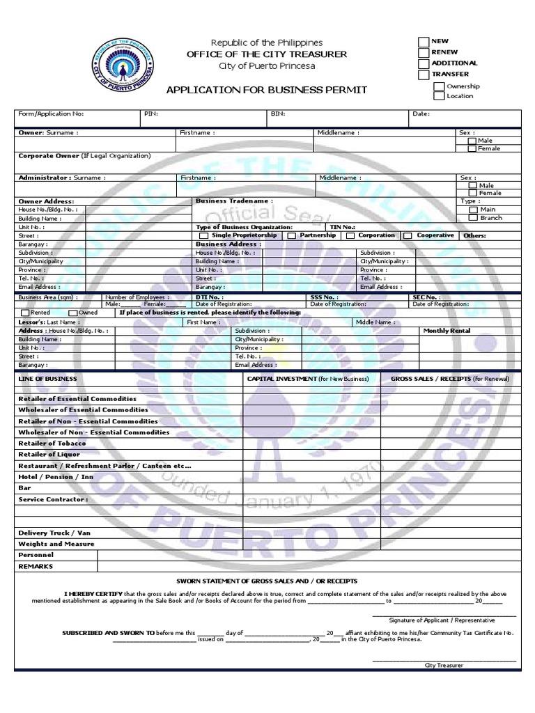 Puerto Princesa Business Permit Application | PDF | Affidavit ...