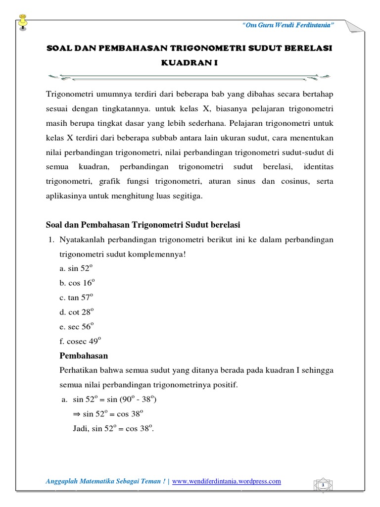 Soal Dan Pembahasan Materi Relasi Sudut Trigonometri