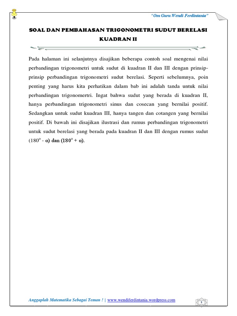 Soal Dan Pembahasan Trigonometri Sudut Berelasi Kuadran Ii
