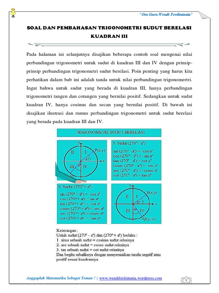 Contoh Soal Dan Pembahasan Sudut Berelasi Contoh Soal