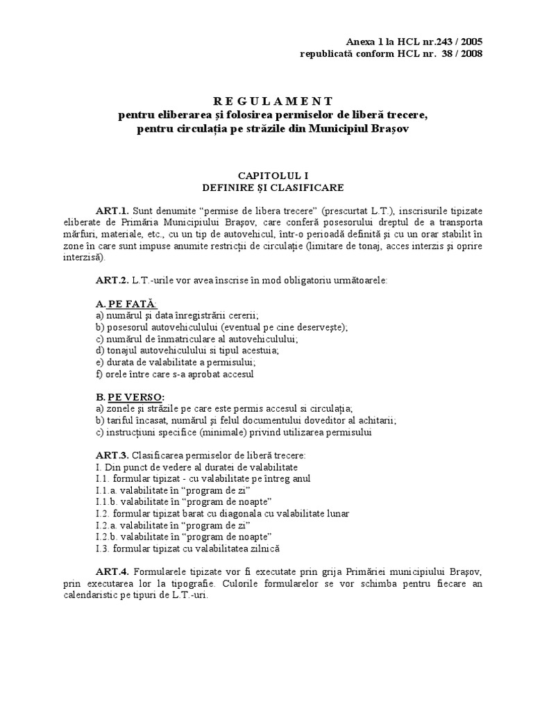 Regulament Pentru Eliberarea Si Folosirea Permiselor De Libera Trecere Brasov