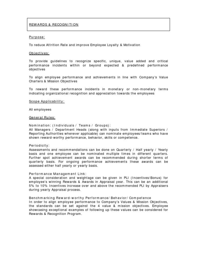 Rewards Recognition Policy | PDF | Performance Appraisal | Competence ...