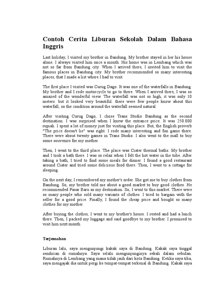 Contoh Cerita Liburan Sekolah Dalam Bahasa Inggris