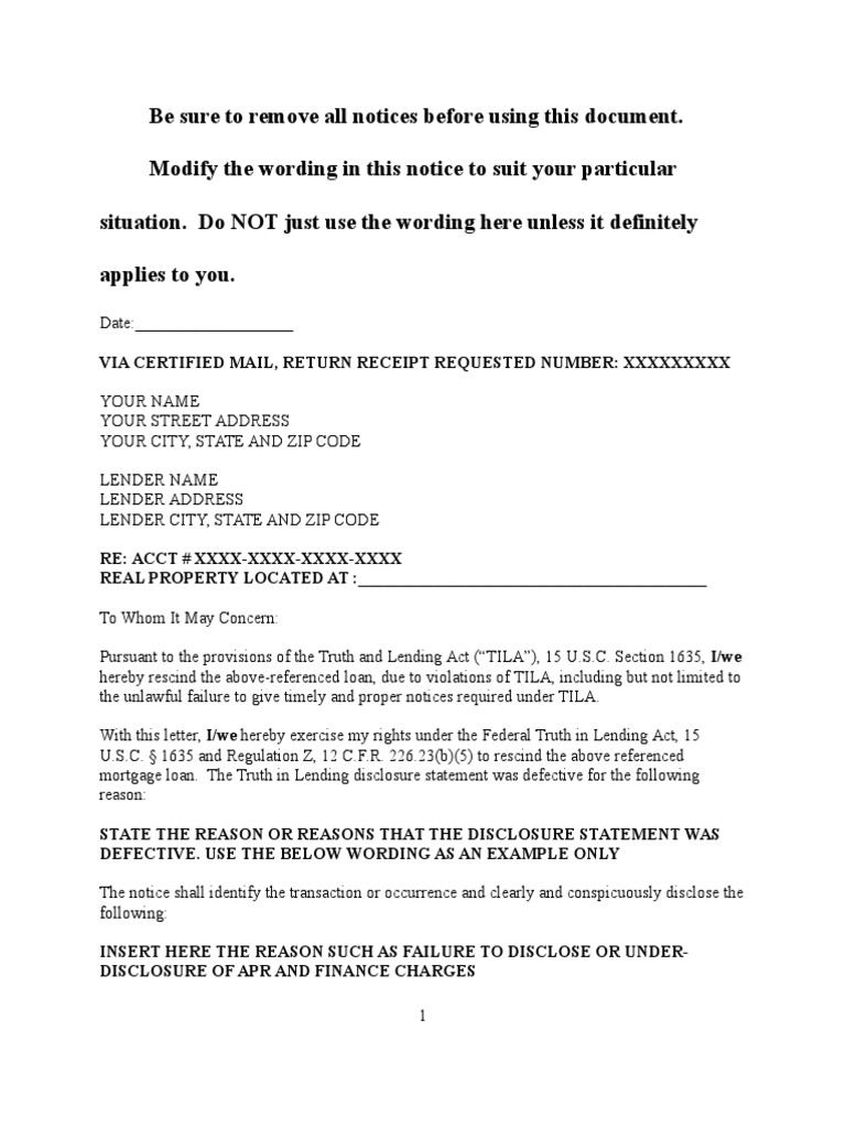 Sample Notice Of Rescission Under Truth In Lending Act