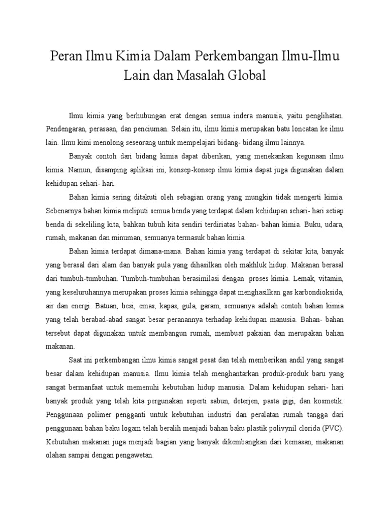 Peran Ilmu Kimia Dalam Perkembangan Ilmu Lain Dan Masalah Global