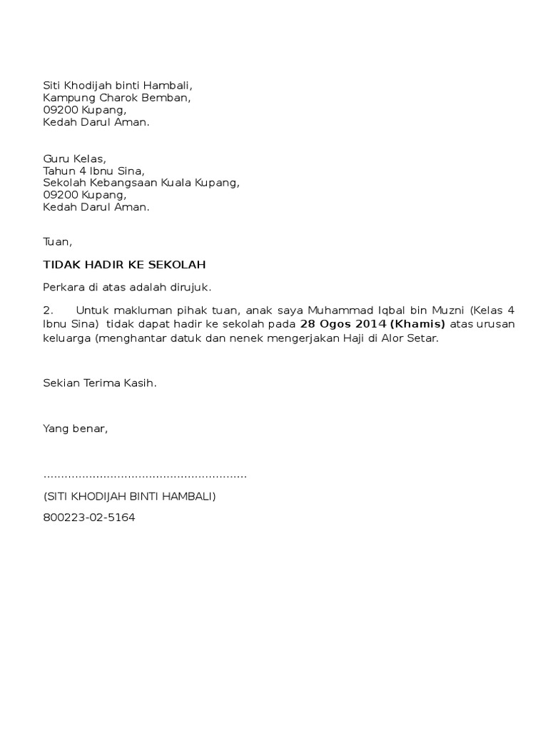 Surat Tidak Hadir Ke Sekolah Pdf