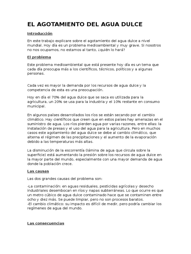 Agotamiento del Agua Dulce: Causas y Soluciones | PDF | Agua dulce | Agua