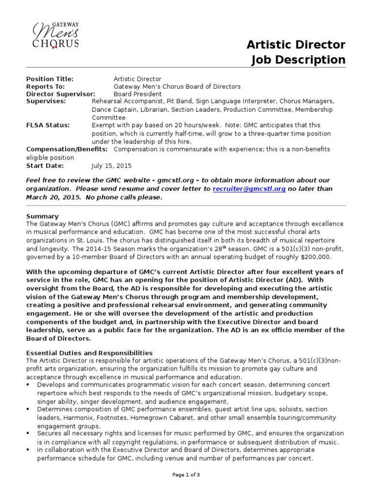 Artistic Director Job Description Board Of Directors Competence