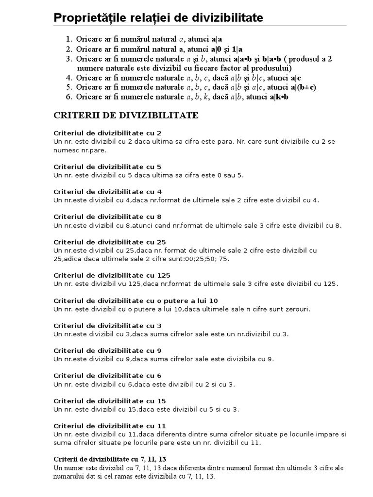 ProprietÄƒÅ£ile RelaÅ£iei De Divizibilitate