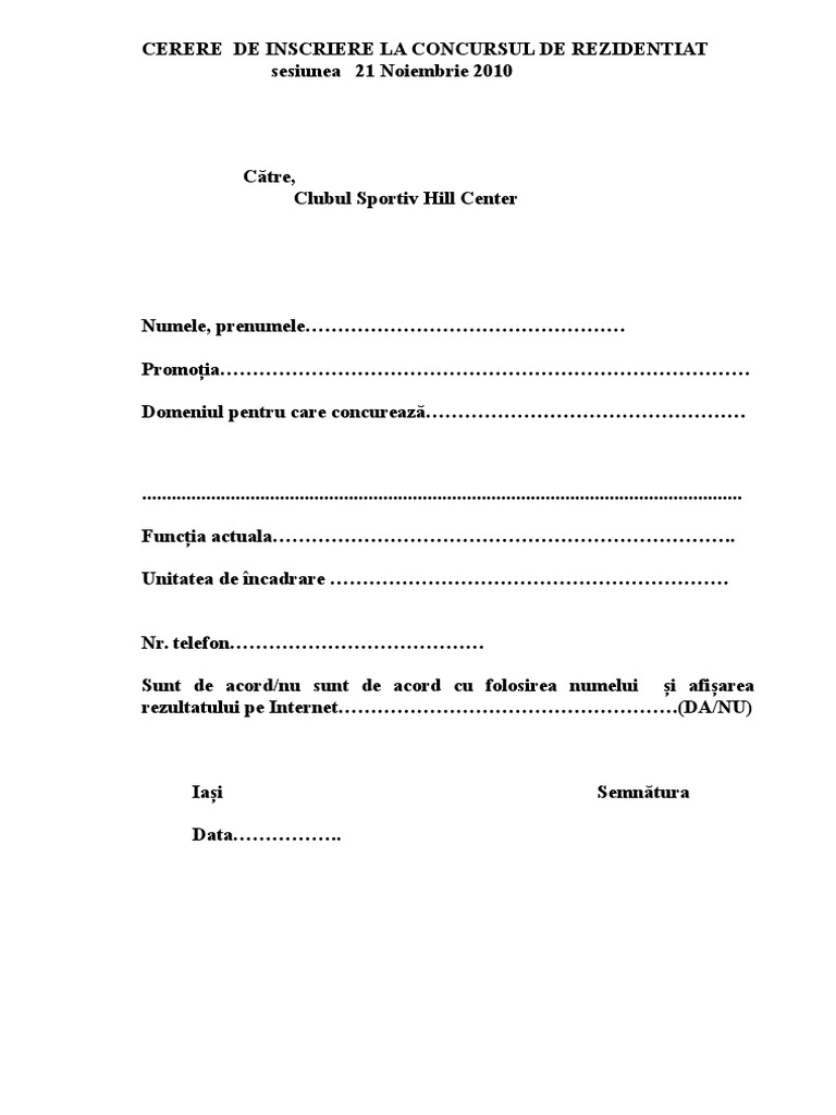 Model Cerere Inscriere Club Sportiv