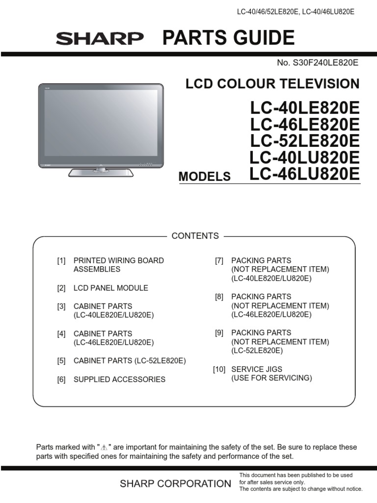 Sharp LC40LE820E 404652LE820E Part List PDF Leisure