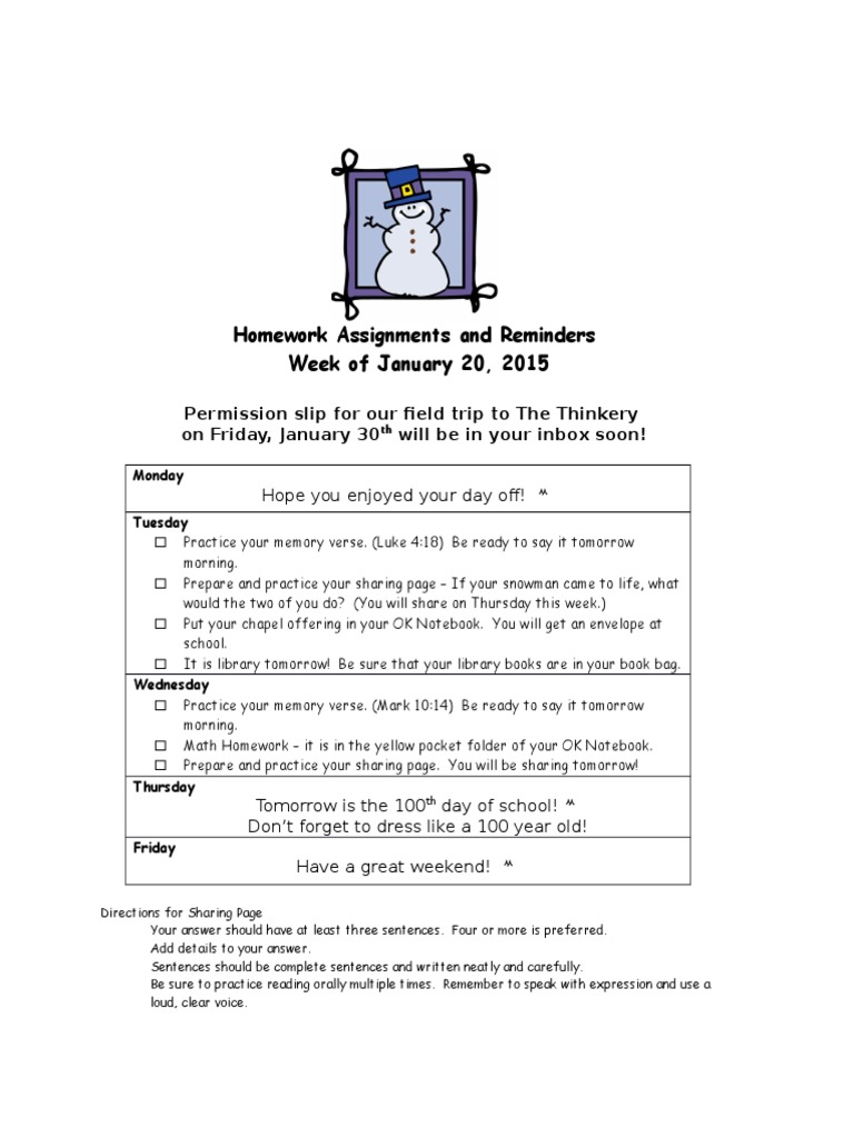 Homework Assignments and Reminders Week of January 20, 2015 | PDF