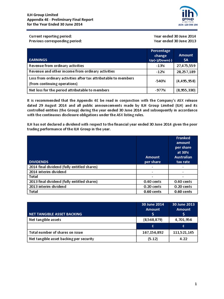ILH Group 2014 Preliminary Financial Report | PDF | Going Concern ...