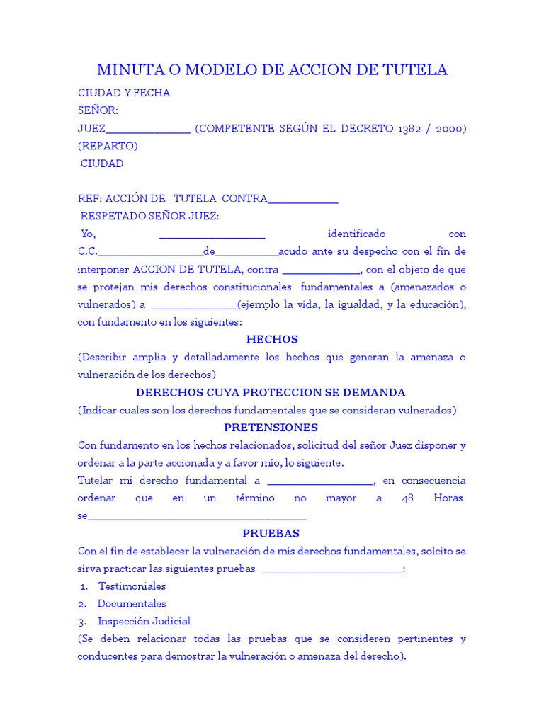 MODELO DE ACCION DE TUTELA.docx | Derecho Constitucional | Derechos humanos