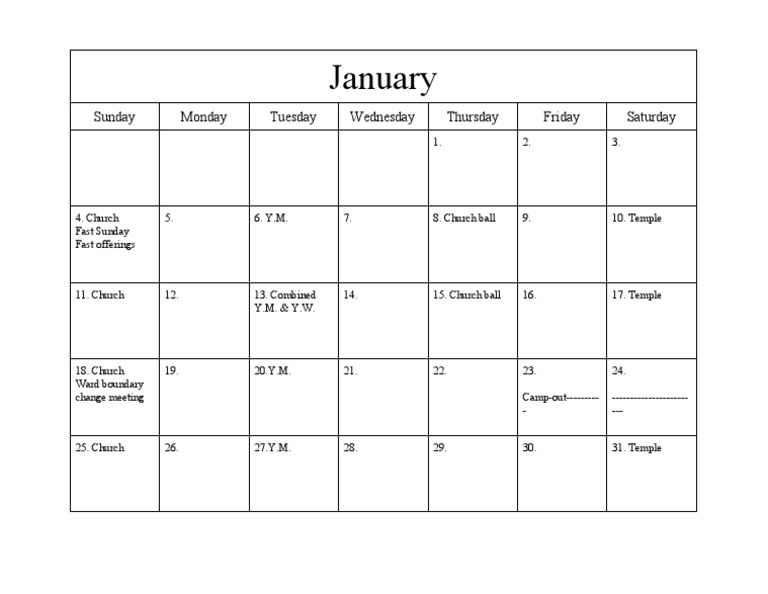 January Church Activities Calendar | PDF