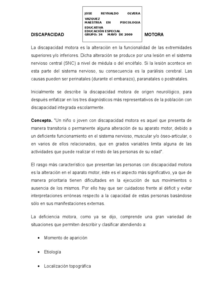 Discapacidad Motora | PDF | Invalidez | Aprendizaje