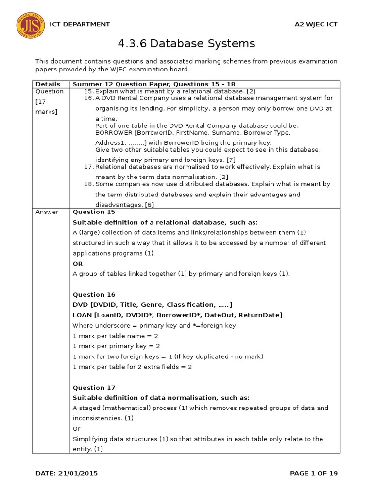 Database Systems - Questions and Mark Schemes | PDF | Databases ...