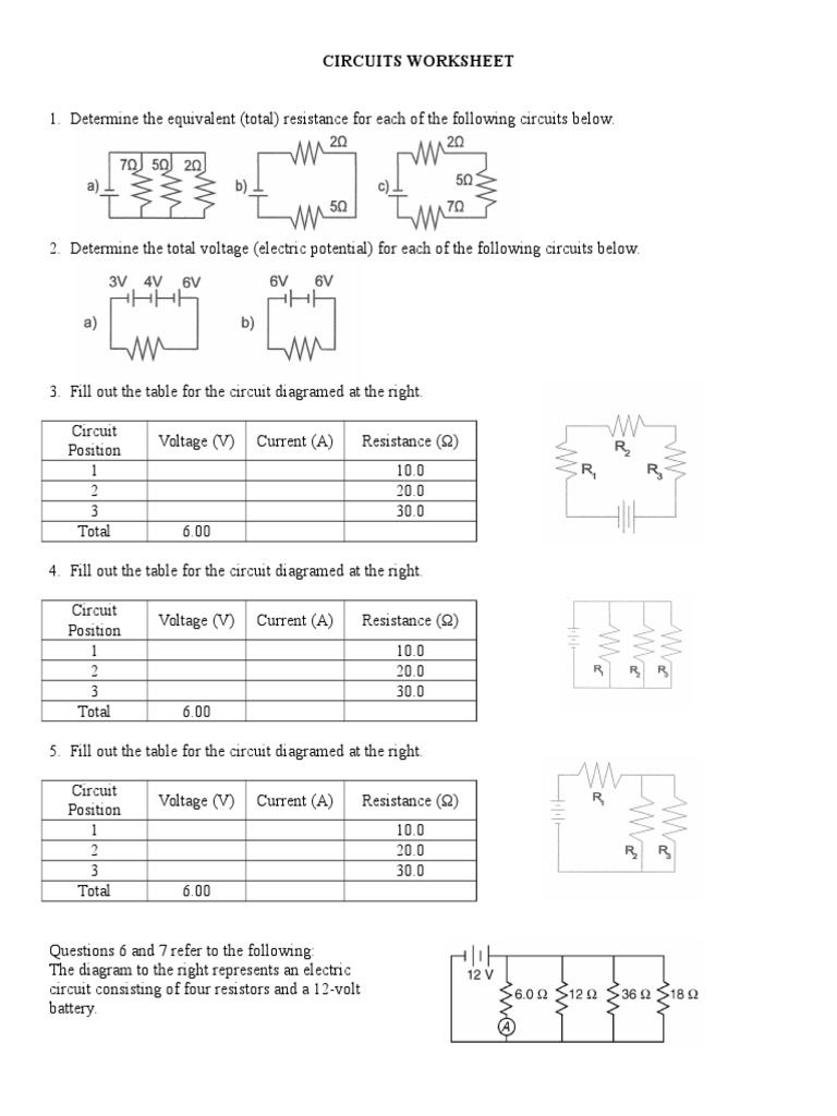 Circuits Worksheet Series And Parallel Circuits Electrical Resistance And Conductance
